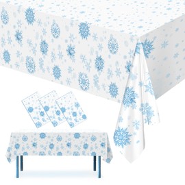KJQJLY 3 Pcs 54 x 108 Inch Christmas Plastic Tablecloth White Snowflakes Design Disposable Holiday Winter Wonderland Rectangle Table Cloth for Dining Room Kitchen Table Cover