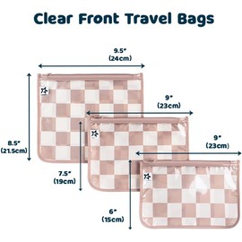 Tiny Twinkle Tiny Twinkle Mess-proof Travel Bags, Airline Compliant, Zipper Closure, Clear Front Pouch, Diaper Bag Packing, Toiletry or Cosmetics Organizer 3 Pack Set (Beige Checkers)