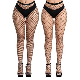 CozyWow Fishnet Tights Women's Elastic Hollow High Waist Fishing Net Tights Attractive Garter Thigh High Stockings for Women, Black - medium + large hole