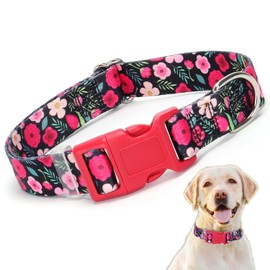 Red Dog Collar with Flower, Pretty Floral Pattern Design Quick Release Buckle Soft Nylon Female Puppy Collars Adjustable for Xs Small Medium Large Pet Girl Dogs Cats, S