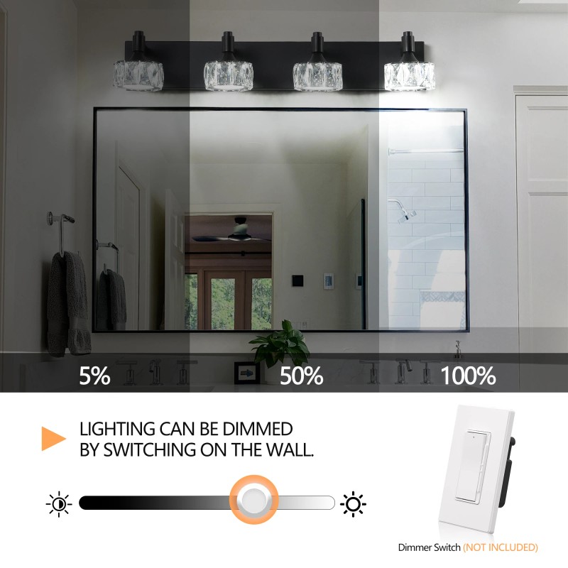 Modern 4-Light Matte Black LED Vanity Light Fixture with Crystal