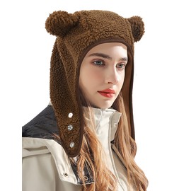 DOCILA Brown Bear Hat Women Ear Warmer Winter Hats Lightweight Lamb Fleece Beanie Hats Cold Weather Plush Earflap Skull Caps