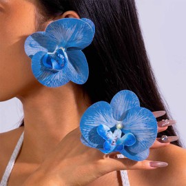 Xduargs Boho Exaggerate Blue Flower Stud Earrings Blue Phalaenopsis Flower Earrings Vintage Oversized Butterfly Orchid Earrings Bridal Floral Petal Flower Earrings Jewelry for Women
