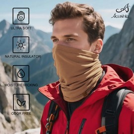 ACUSHLA 100% Merino Wool Neck Gaiter Ski Face Mask Scarf Neck Warmer for Men & Women All Weather, Midweight Camel