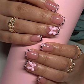 24Pcs Bow Press on Nails Short Square Fake Nails with Bow Design Full Cover Nude False Nails Valentine's Day Press ons Acrylic Nails Cute Stick on Nails for Women Girls Holiday Nail Art Accessories