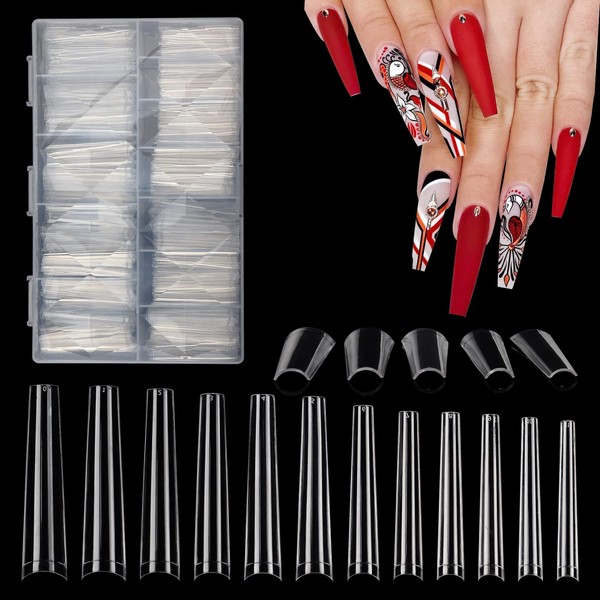 Deciniee 504 Pieces XXXL Nails for Sticking, Extra Long No C Curve Nails Do Yourself, 12 Sizes Coffin Straight Artificial Nails, Half Cover No Wrinkle Nail Extension Kit for Acrylic Nails Starter Set