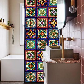 Mexican Talavera Style Privacy Window Film Non-Adhesive Frosted Decorative Glass Film Static Cling Film for Bathroom Shower Room,Glass Film (Mexican Talavera 01)