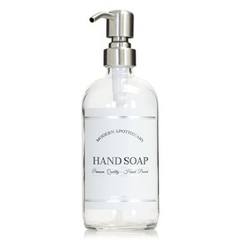 Artanis Home Clear Refillable Hand Soap Dispenser with Pump for Kitchen, Bathroom Sink - Glass Boston Round Soap Bottle - Waterproof Label - 16 oz