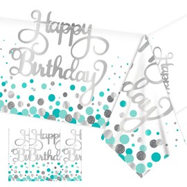 Happy Birthday Tablecloths Teal Birthday Decoration Plastic Disposable Rectangle Teal and Silver Table Cover for Girl Women Parties Happy Birthday Wedding Party Favors,70-43 Inches（3pack）