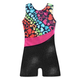 XiaoMoSha Girls' Gymnastics Leotard, Short Sleeve Glitter Girls' Ballet Suit, Children's Indoor Clothing Ballet Jersey, for Little Girls from 3-14 Years, Rainbow heart