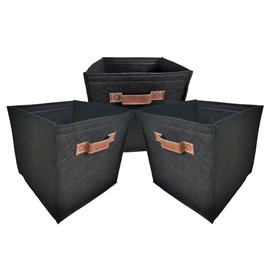 Muvax Stylish Felt Storage Cube with Faux Leather Handles, Foldable Storage Basket - Ideal for Living Room and Office, Perfect for Toys, Books and More (Black)