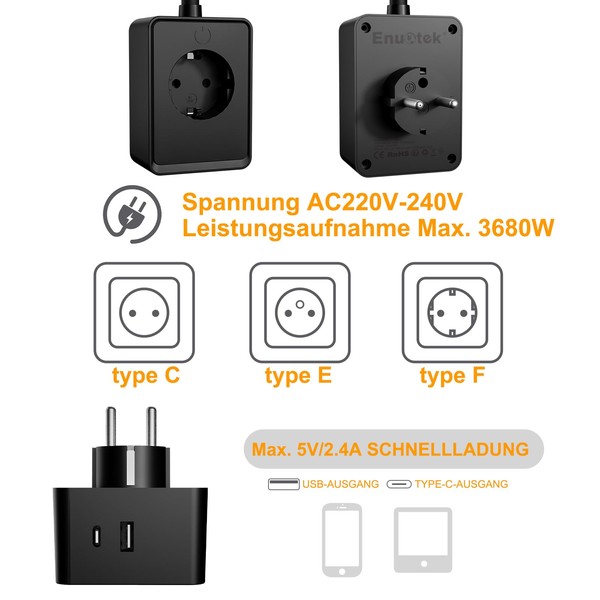 ENUOTEK ENUOTEK LED Wandlampe Dimmbar Schwarz mit Stecker und Steckdose,
