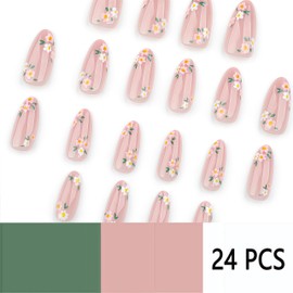 24Pcs Flower Press on Nails Medium Almond with Daisy Flower French Tip Nude Pink Design Full Cover Floral Acrylic Artificial Fake Nails for Women Girls Spring Summer Manicure Decoration
