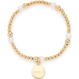 JEWELS BY LEONARDO Mathilde 024275 Bracelet • Elastic Arm Chain Made of Gold-Coloured Stainless Steel • Stainless Steel Beads, Imitation Pearls and Coin Plate Pendant • 19.5 cm Length • Women's Gift