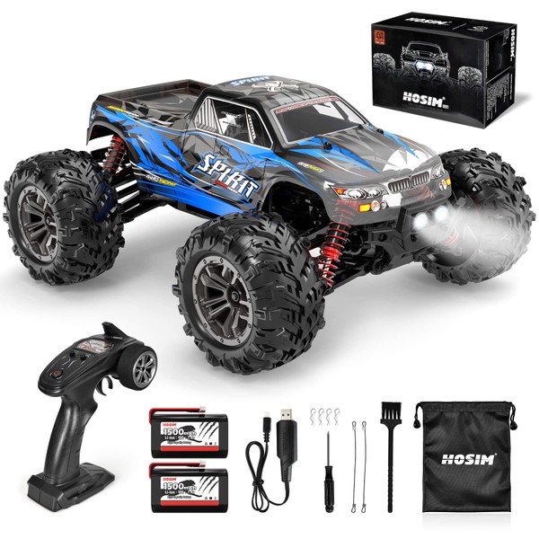 Hosim 1:16 Scale 36+KPH All Terrain RC Car,4WD Waterproof High Speed Electric Toy Off Road RC Monster Truck Vehicle Crawler with 2 Rechargeable Batteries for Boys Kids and Adults(Blue)