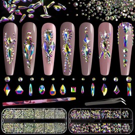 Multi Shapes 3D Glass AB Crystal Nail Art Rhinestones Kit with Flatback Round Bead Charm Gem Stone Jewelry Diamond with Pickup Pen + Tweezer for Manicure Craft Decoration by BELLEBOOST (Iridescent)