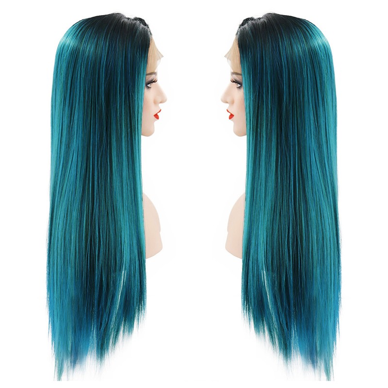 Long Straight Hair Wig Gradient Green Color Centre Parting Hairstyle