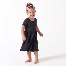 Gerber Baby Girls Toddler Buttery Soft Short Sleeve Twirl Dress with Viscose Made from Eucalyptus, Charcoal, 5T