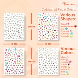 Waveaura Face Gems 4 Blatt Glitzer temporäre Tattoos Aufkleber gemischte Form Herz Stern Halbmond Schmetterling Regenschirm bunt & Kristall Festival Rave Zubehör Juwelen für Frauen Party Körper Nail