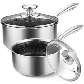 KOCH SYSTEME CS Hybrid Nonstick Stainless Steel Saucepan Set, 1QT & 2QT Triply Stainless Steel Saucepan Set with Hybrid Nonstick Honeycomb Interior, 4-Piece Sauce Pans, Induction Steel Pot Set