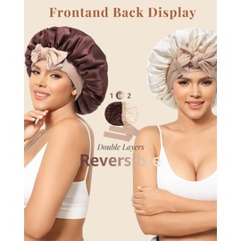 AWAYTR Silk Bonnet for Sleeping Women 100% Mulberry Silk Bonnet with Band 2 Layer Reversible Hair Bonnet Sleeping Hair Wrap (Silk, Dark Brown/Light Champagne)