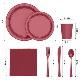Exquisite 350 Pcs Burgundy Paper Plates For Party, Burgundy Disposable Plates Set, 50 Of Each 9" Dinner Plate Set, 7" Dessert Plate, Cups, Napkins & Cutlery Paper Dinnerware