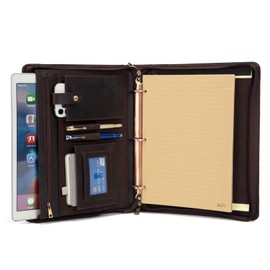 Professional Leather Business Padfolio Portfolio Case, 3 Ring Binder,Zippered Business Document Organizer Tablet Holder Folder Case,with Letter Size Notepad (Dark Brown)