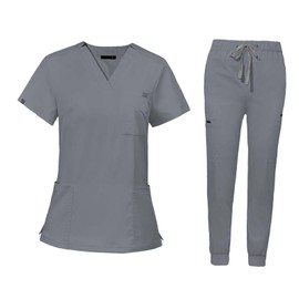 LOVIVER Uniforms Scrub Set Short Sleeve Nurse Top Pants Suit Modern V Neck Scrub Top Female Stretch Nursing Work suits for Healthcare, L, Gray