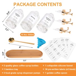 Coffee Syrup Dispenser for Coffee Bar, 16.9oz 500ml Glass Syrup Dispenser w Golden Coffee Scoop, Coffee Syrup Pump Dispenser w 36 Labels and Bamboo Tray, Coffee Syrup Bottles with Golden Pump, 3PCS