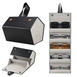 AMONENZ 5-Way Foldable Glasses Box, Portable Black Leather Glasses Box for Multiple Glasses, Sunglasses Organiser for Storing Glasses, Sunglasses