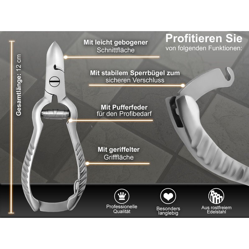 Nail clippers with buffer spring and locking bar 12 cm