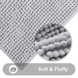 smiry Non Slip Chenille Bath Mat, 60 x 90 cm, Extra Soft Bathroom Mat, Super Absorbent Fluffy Bath Mats for Bathroom Floor, Machine-Washable Dry Bath Rug Foot Mat, Grey