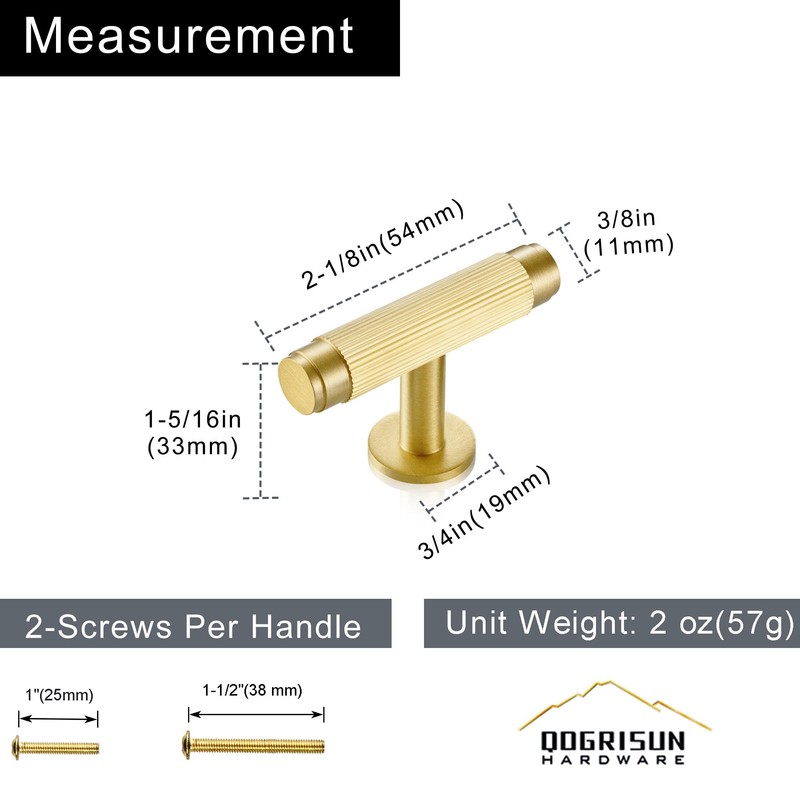 QOGRISUN 5-Pack Solid Brass Cabinet Knobs, Grooved Gold T Bar