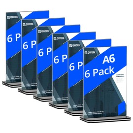 QWORK® Pack of 6 A6 Acrylic Table Stands with Solid Base, Double-Sided Acrylic Display Stand for Office, Restaurant, Cafe, Shop, Wedding