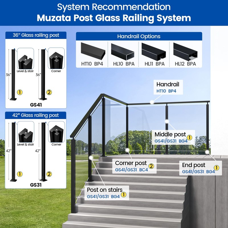 [Patent]Muzata 1Pack 36"x2"x2" Black Glass Railing Post for Level or