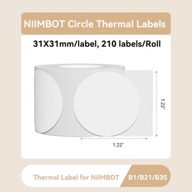 NIIMBOT Labels for B21/B1/B3S/K3 Label Printer, Thermal Stickers 1.22'' x 1.22''(31x31mm), Waterproof, Oil-Proof Label Tape, 1 Roll of 210 Round Sticker Labels