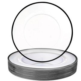 WDF 25 Pack Black Charger Plates - Clear Charges with Black Trim - 12inch Disposable Chargers Plates for Dinner Party/Wedding/Birthday