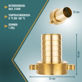 POPPSTAR Hose Connector 1 Inch Brass (Including Union Nut with Flat Seal) Hose Fitting 1 Inch Female Thread to Hose Nozzle 1 Inch (25 mm)