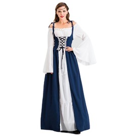 Velcoxplay Women's Renaissance Dress, Medieval Dress with Trumpet Sleeves, Medieval Victorian Queen Costume, Maxi Dress, Blue, S