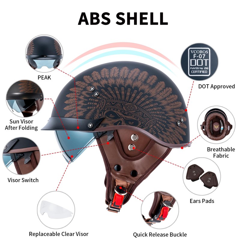 VCOROS Half Helmet Motorcycle DOT Approved Open Face Helmet F07