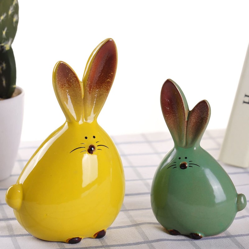WHJY 2pcs Cute Long-Eared Bunny Sculpture Ornaments Desktop Ceramic Easter