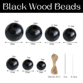 400Pcs Black Wooden Beads with Hole, Round Loose Natural Wood Spacer Beads with 33ft Hemp Rope 2pcs Bead Needle for Necklace Bracelet DIY Craft Supplies - 12mm