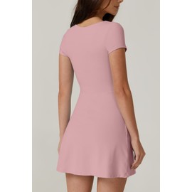 QINSEN Short Sleeve Athletic Dress for Women High Waist Side Slit Tennis Dress Built in Shorts Golf Active Dresses Pink L