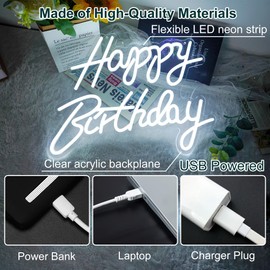 Happy Birthday Neon Sign, Happy Birthday Light Up Sign, Neon Happy Birthday Sign USB Powered, Happy Birthday Led Sign for Birthday Party Wall Decoration 16.9'' x 13.1'' (White)