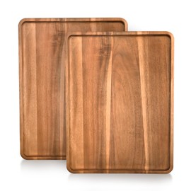 BIEOFFEI 2 Pcs Acacia Wood Serving Tray, Rectangular Wooden Serving Platters Charcuterie Board, Large Wood Kitchen Display Tray for Food, Cookie, Dessert, Fruit, Snack, Vegetable, 16.6" x 12.6" x 0.6"