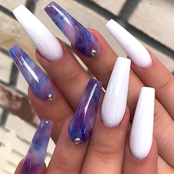 Brishow False Nails Long Press On Nails Purple White Halo Dye Ballerina Acrylic Nails to Stick On Full Cover 24 Pieces for Women and Girls