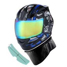 1STORM Motorcycle Bike Full FACE Helmet Anti Fog Shield Film Mechanic Skull Blue with an Extra Anti Fog Resistant Film