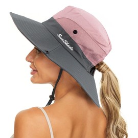 Women's Summer Sun-Hat Ponytail - Outdoor UV-Protection Mesh Wide Brim Foldable Hat with Ponytail Hole (Pink)