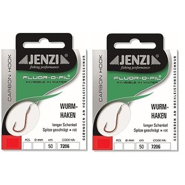 Set of 2 packs of Jenzi Red Tied Fluorine Carbon Worm Hooks, 50 cm, Hook Size: 2, 4, 5, 6, 8, 10, 14+ Free Petri Heil! Sticker (Hook Size: 4)