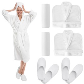 Chuarry 6 Pcs Terry Cloth Robes Set Robe and Slippers Set Gift Set Hotel Robe with Shower Towel and Slippers Unisex Spa Robe(White,One Size)